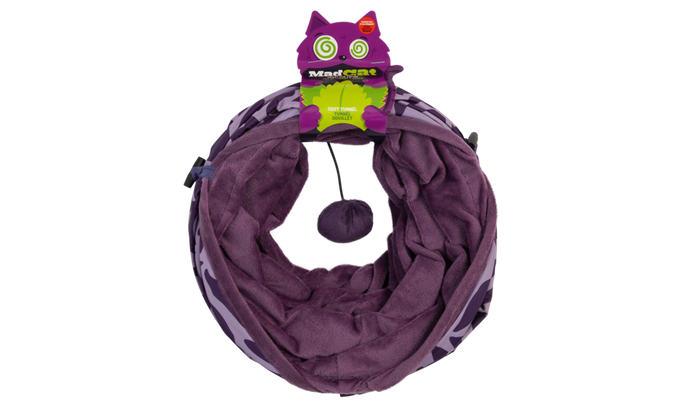The Mad Cat Cozy Tunnel by Mad Cat offers a fun purple design with a dangling ball toy and cartoon cat packaging. Its interior is infused with catnip and silvervine, ensuring hours of play for even the pickiest cats.