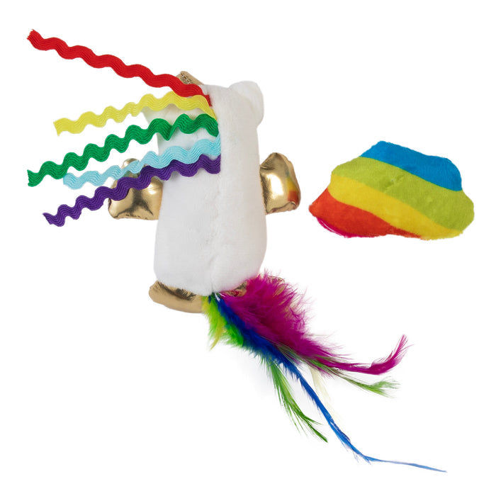 The Mad Cat Mewnicorn With Catnip & Silvervine Cat Toy is a plush unicorn featuring rainbow ribbon mane and tail, golden wings and ears, colorful feathers at the tail base, and a rainbow mound. Infused with catnip, it entices playful paws for whimsical feline adventures.