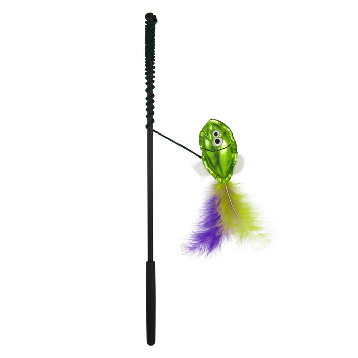 The Mad Cat Sas-Sea Wand by Mad Cat is an interactive black cat toy with a textured handle. It features a smiling green fish-shaped attachment with googly eyes, colorful feathers in green, yellow, and purple, and includes a catnip-filled compartment to entertain your feline.