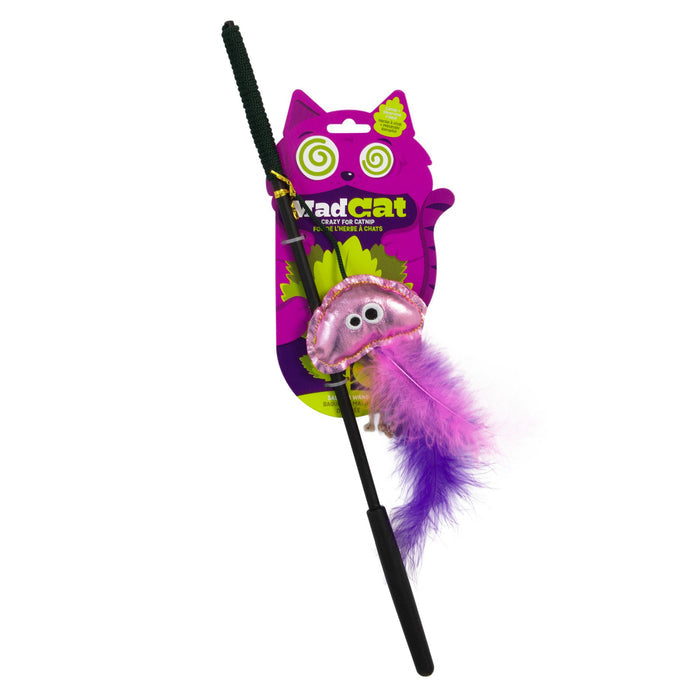 The Mad Cat Sas-Sea Wand is a purple and pink interactive wand cat toy with a whimsical feathered attachment featuring googly eyes. It has cat-shaped packaging with green accents, labeled Mad Cat, and can be infused with catnip for extra feline fun!.