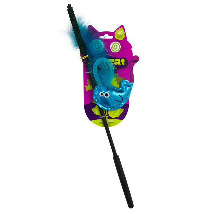 The Mad Cat Sas-Sea Wand by Mad Cat is an interactive cat toy featuring a blue plush fish with googly eyes, hanging from a black rod with a green feather. It comes in a purple, cat-shaped, catnip-infused package adorned with green paw prints.
