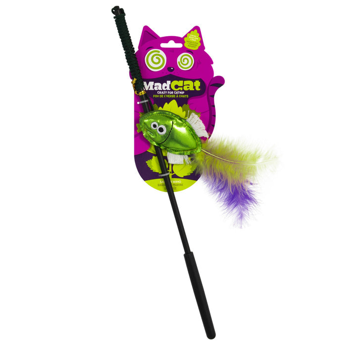 The Mad Cat Sas-Sea Wand is an engaging cat toy featuring a purple and green bug adorned with lime feathers, attached to a black wand. The packaging showcases a whimsical cartoon cat silhouette with spiral eyes and the bold Mad Cat text.