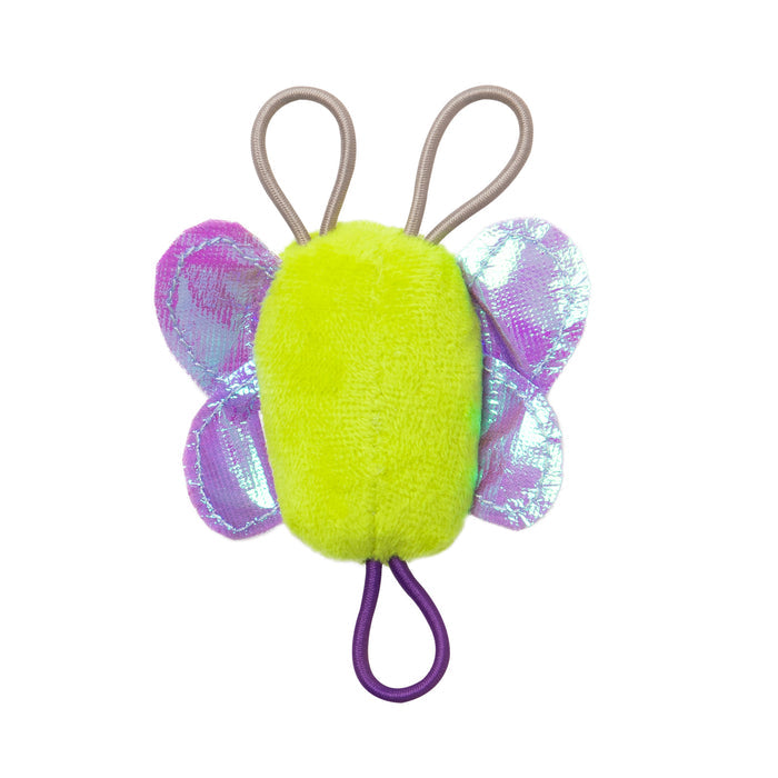 The Mad Cat Sling Shot Critter Butterfly Catnip Plush Toy from Mad Cat is a plush butterfly toy featuring a fuzzy, bright green body with catnip, shiny purple wings, and looped antennae and tail.