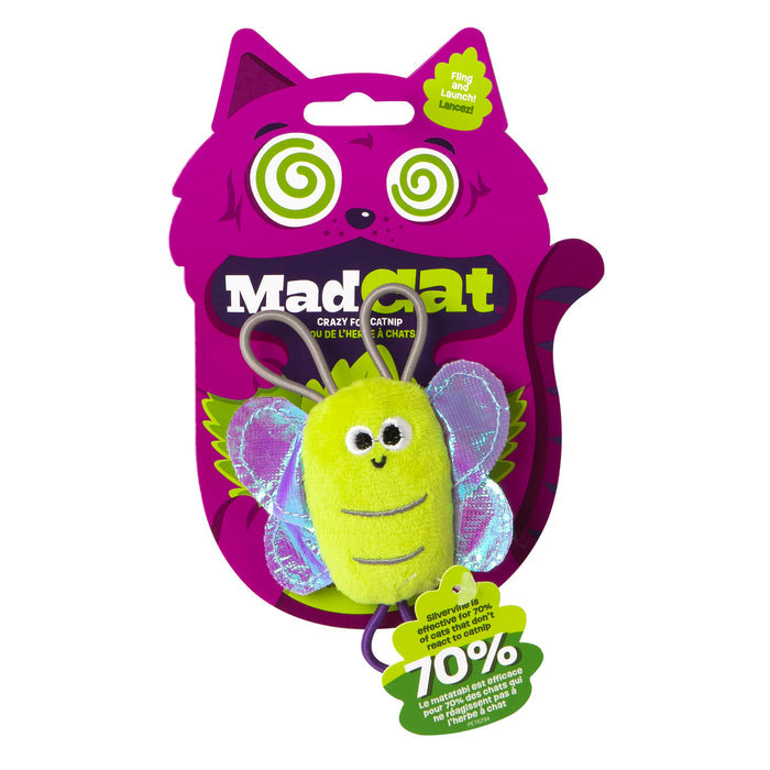 The vibrant Mad Cat Sling Shot Critter Butterfly Catnip Plush Toy package features a whimsical purple cat with spiral eyes and a yellow plush toy with iridescent wings resembling a bug, infused with catnip. Enjoy an irresistible 70% off—ideal for playful cats.