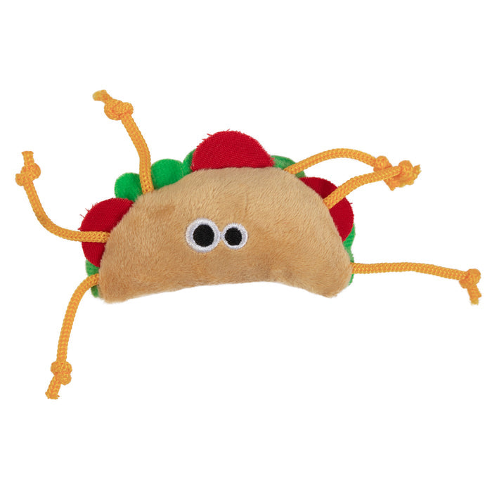 The Mad Cat Tabby Taco Catnip & Silvervine Cat Toy is a whimsical plush taco toy with round eyes. Yellow string legs and green/red fabric mimic lettuce and tomatoes, infused with catnip to delight your feline friend.