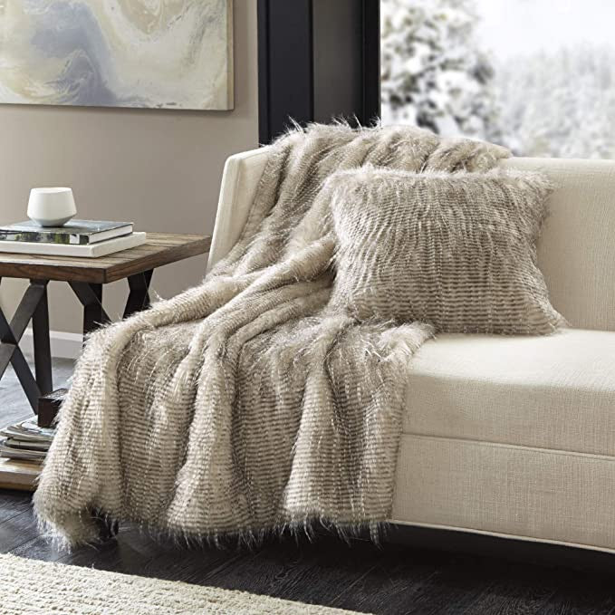 Madison Park Edina 20”Square Faux-Fur Decorative Pillow, Natural - Machann.com