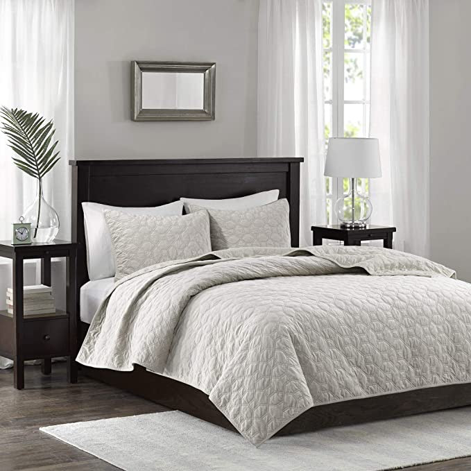 Madison Park Harper Faux Velvet 3-pc Quilted Full/Queen Coverlet Set, Natural - Machann.com