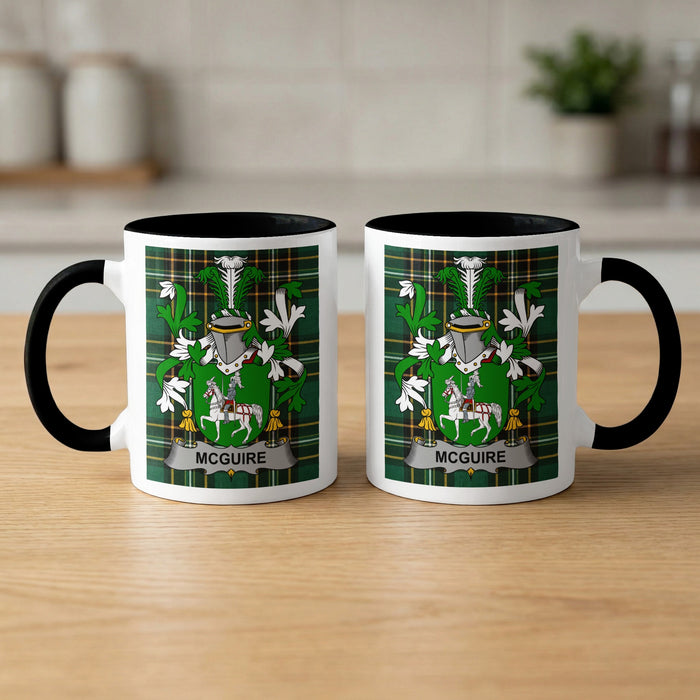 McGuire Irish surname mugs front and back with the family crest on tartan