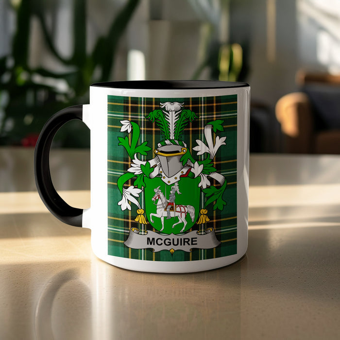 McGuire family crest on Irish National Tartan mug close-up