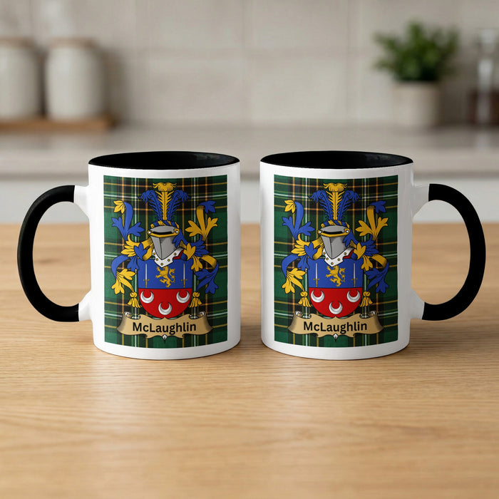 Front and back views of the black-accent McLaughlin mug, with the surname design printed on both sides.