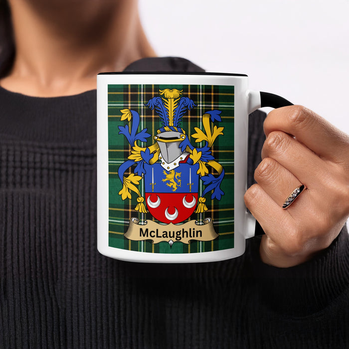McLaughlin tartan-background mug held by its black handle, with the family-name shield design facing forward.