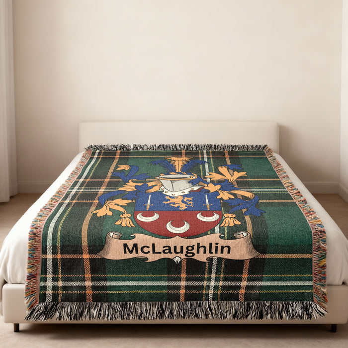 McLaughlin family crest emblem blanket displayed as home decor