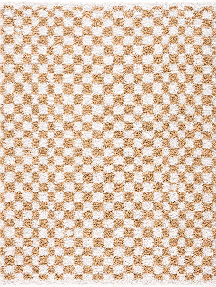 Modern Geometric checkered Plush Ivory Brown, White wool Area Rug - The Rug Decor