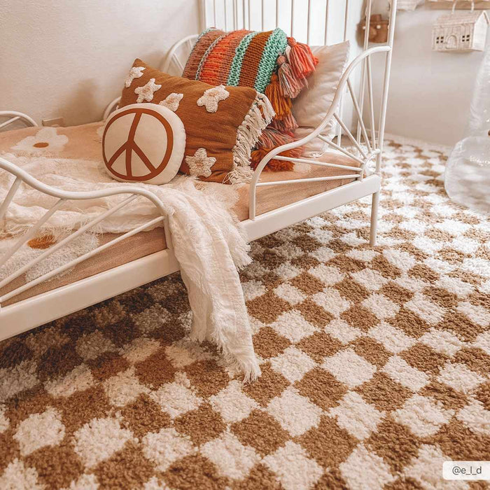 Modern Geometric checkered Plush Ivory Brown, White wool Area Rug - The Rug Decor