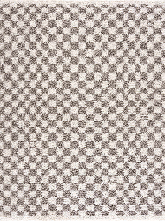 Modern Geometric Checkered plush White, Light Gray polyester area rug - The Rug Decor