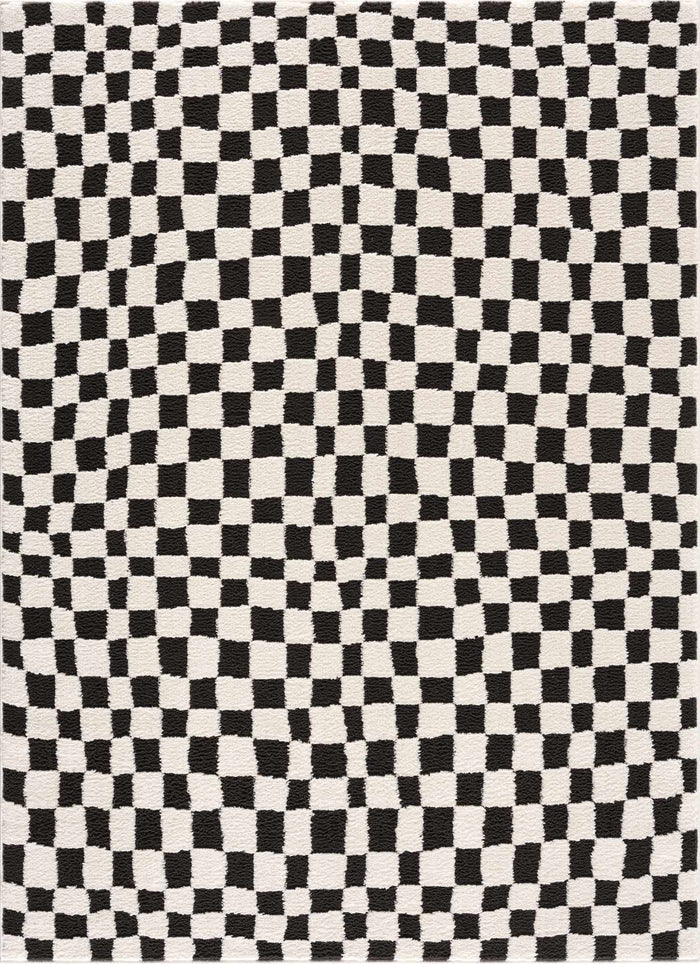 Modern Geometrical Black and Ivory Checkered Plush Pile Moroccan Style Area Rug - The Rug Decor