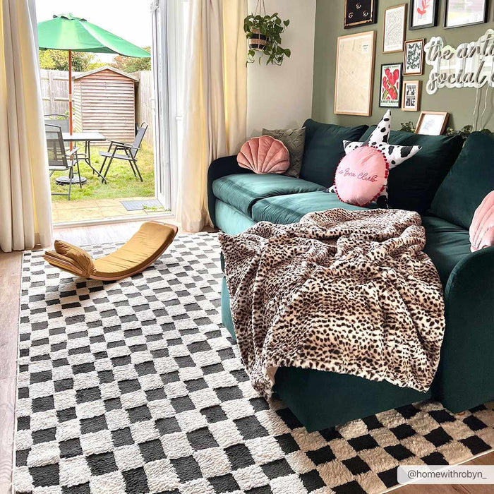 Modern Geometrical Black and Ivory Checkered Plush Pile Moroccan Style Area Rug - The Rug Decor