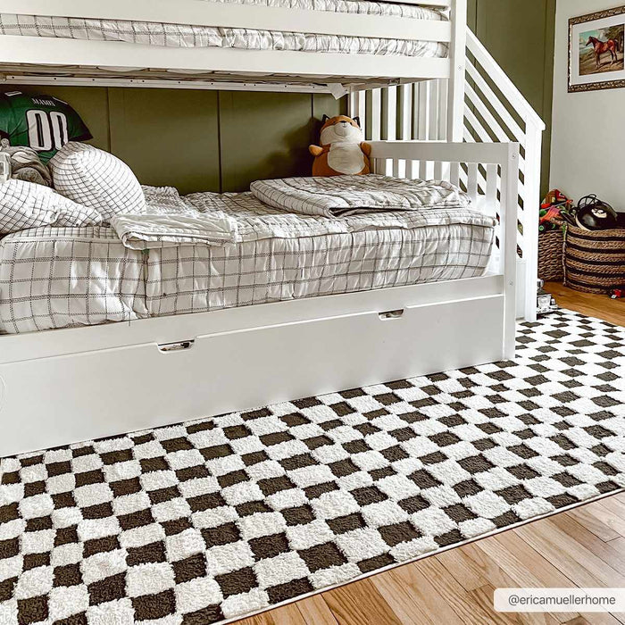 Modern Geometrical Black and Ivory Checkered Plush Pile Moroccan Style Area Rug - The Rug Decor