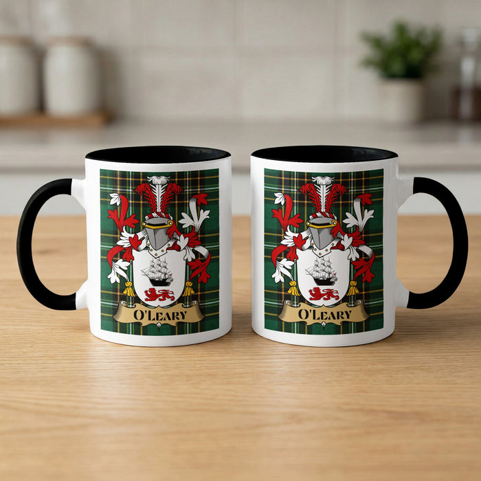 O'Leary Irish surname mugs front and back — family crest on green tartan
