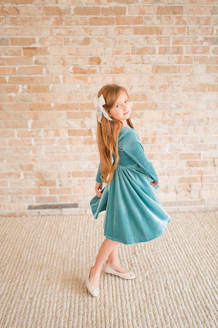 Ollie Jay - Gwendolyn Dress in Aspen Blue Velvet: 18/24m