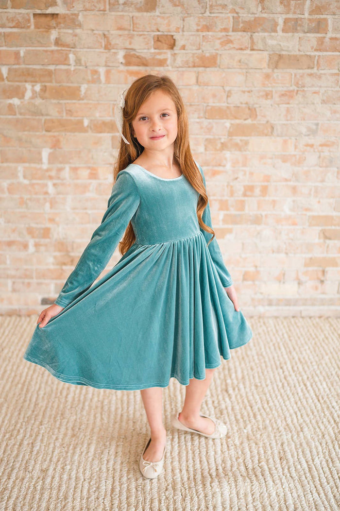 Ollie Jay - Gwendolyn Dress in Aspen Blue Velvet: 18/24m