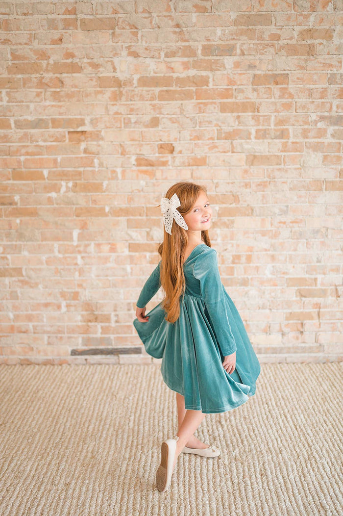 Ollie Jay - Gwendolyn Dress in Aspen Blue Velvet: 18/24m