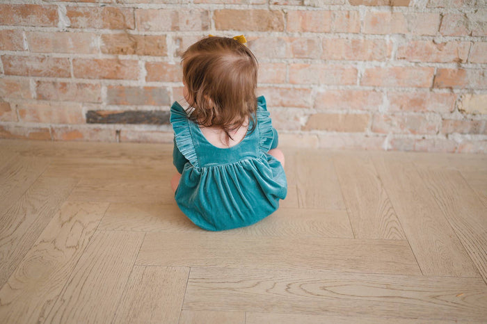 Ollie Jay - Leah Romper in Aspen Blue Velvet | Baby Bubble: 12/18m
