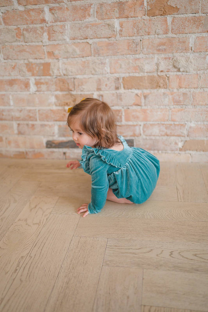 Ollie Jay - Leah Romper in Aspen Blue Velvet | Baby Bubble: 12/18m