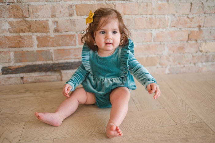 Ollie Jay - Leah Romper in Aspen Blue Velvet | Baby Bubble: 12/18m