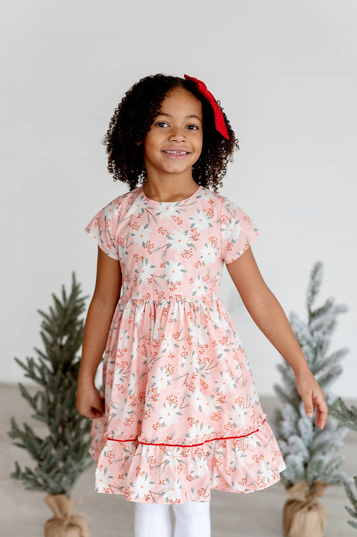 Ollie Jay - Lola Dress in Pink Poinsettia | Poplin Cotton Dress: 18/24m