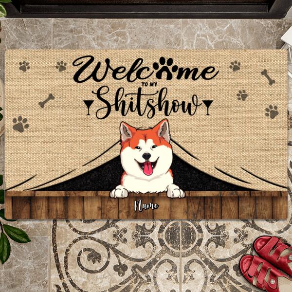 Pawzity Welcome To Our Shitshow Custom Doormat, Gifts For Dog Lovers, Dog Peeking From Curtain Outdoor Door Mat