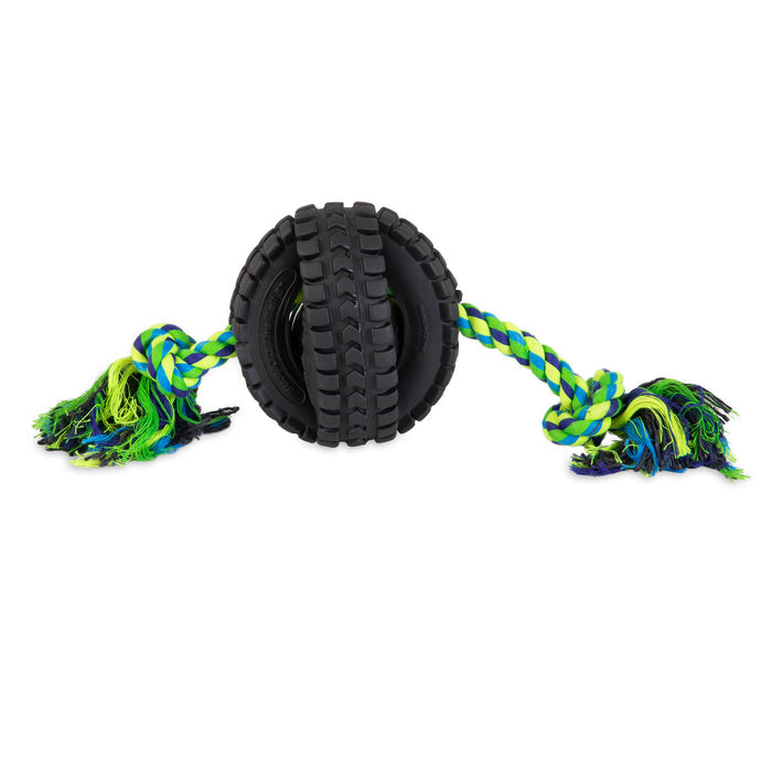 Introducing the Pet Qwerks Single Rope X-Tire Jingle Ball by Petqwerks: a toy with a black rubber tire and colorful braided rope threaded through it, featuring blue, green, and yellow frayed ends for extra entertainment.