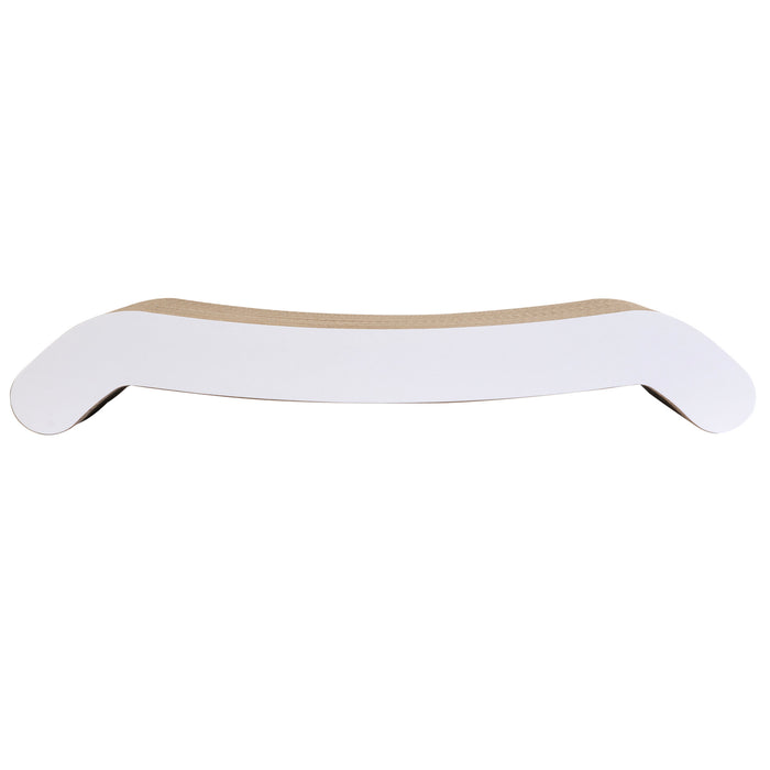 The PetFusion Cat Scratching Flip Pad is a minimalist white board with curved ends, ideal for balance training. Its design is reminiscent of a premium cat scratcher, combining light-colored material for durability and elegance.