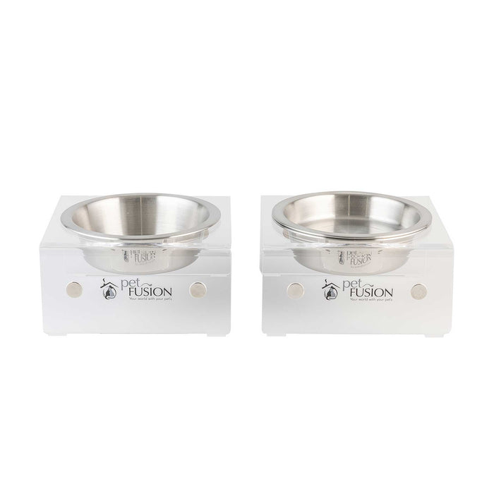 PetFusion Elevated Bowls For Dogs & Cats feature two stainless steel bowls set in clear acrylic stands with a cut-out pet FUSION logo. This design promotes healthier digestion and suits multi-pet households, offering an elevated feeding experience on a white background.