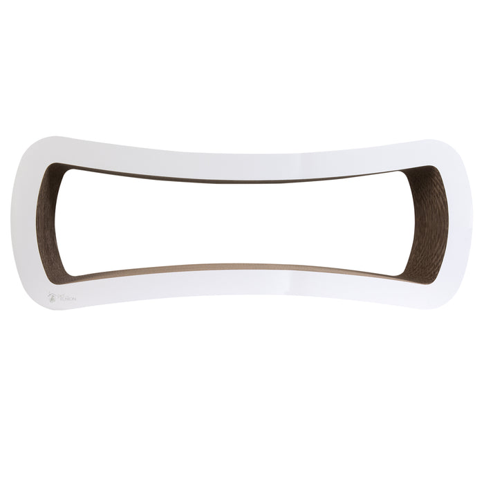 The PetFusion Jumbo Cat Scratcher Lounge by Pet Fusion is a white, curvy rectangular board with a hollow center and cardboard interior, providing your cat with the perfect spot for scratching and lounging. This chic piece of pet furniture is sure to be adored by your feline friend.