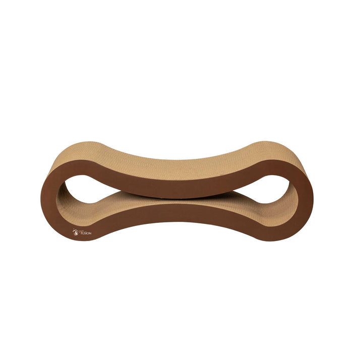 The PetFusion Ultimate Cat Scratcher Lounge is a chic, curved, bone-shaped cardboard cat scratcher and lounge. Its hourglass design with dual levels and a hollow center complements any decor, featuring a natural brown finish.