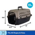 The Petmate All Purpose Kennel - Vari, from Petmate, is a tan and black pet carrier (19 x 12.3 x 10.8) with a metal door, sturdy top handle, and meets many air travel requirements for pets of all shapes and sizes.