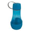 The Petmate Blue Replendish To-Go Travel Water Bottle is a translucent, ergonomic container ideal for pet hydration during travel. It has a wide base, rubber strap on the lid, gray flexible handle for easy carrying, and comes with an optional detachable water bowl.