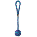 Introducing the Petmate Booda Wing-A-Ball Dog Toy, an interactive toy with a blue and purple twisted rope featuring a loop handle at the top and a large knot at the bottom, ideal for tug-of-war or fetch.
