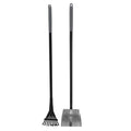 The Petmate Clean Response Aluminum Rake & Pan set includes a black, rust-resistant rake with wide prongs and a flat-base shovel. Both tools feature sleek grey handles and stand upright against a white background, perfect for fireplace cleaning or versatile tasks like backyard dog poop clean-up.