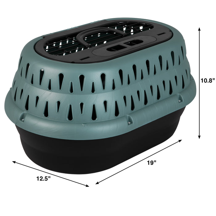 The Petmate E-Z Load Top Load Cat Kennel by Petmate offers 360-degree ventilation, a secure top door, and measures 19L x 12.5W x 10.8H—ideal for stress-free travel with your cat.