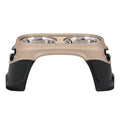 The Petmate Easy Reach Diner by Petmate features an elevated beige and black plastic stand with two stainless steel bowls, promoting better digestion and comfortable feeding for dogs or cats, especially large breeds.