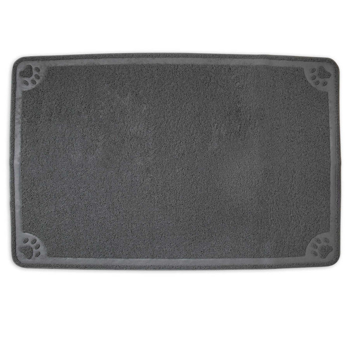 The Petmate Extra Large Litter Catcher Mat, with a textured gray surface and paw print corners, is an ideal and stylish companion for your cats litter box.