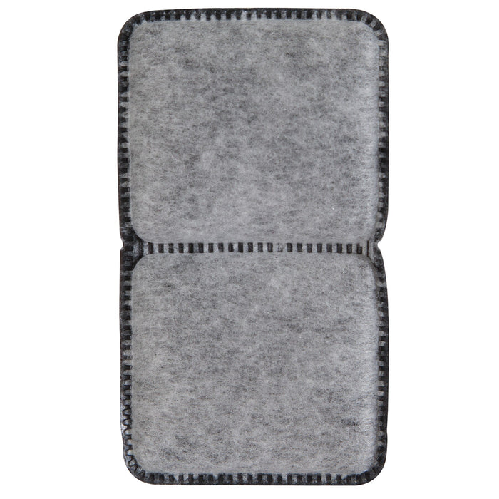 The Petmate Fresh Flow Replacement Charcoal Filter by Petmate is a rectangular, gray, felt-like filter with two sections and black, stitched edges featuring a grid pattern. Its soft, fibrous texture resembles charcoal filters and is ideal as replacement filters for pet water fountains.