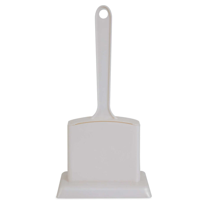 The Petmate Handy Stand Litter Scoop by Petmate is a white plastic scoop with a long handle and wide flat base for effective debris collection. A convenient hole in the handle allows for easy hanging and sanitary storage, helping maintain tidiness.