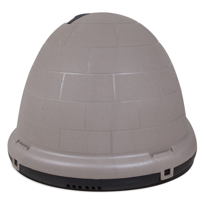 Introducing the Petmate Indigo Dog House: an igloo-shaped, pale gray haven for pets. Made from durable plastic with a subtle brick pattern and a sturdy black base, this charming outdoor shelter offers cozy comfort for small animals.