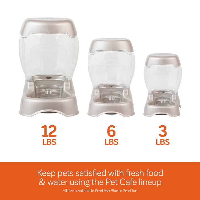 Image of three Petmate Pet Cafe Feeders with 12 lb, 6 lb, and 3 lb capacities arranged in a row. These gravity feeders have transparent hoppers and taupe bases. Available in Pearl Ash Blue or Pearl Tan.