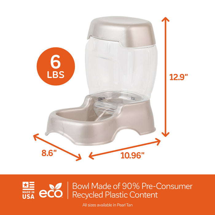 Introducing the Petmate Pet Cafe Feeder in pearl tan, made from 90% pre-consumer recycled plastic. Standing 12.9 tall, it holds 6 lbs of food and features a smart gravity design for hassle-free feeding. Proudly made in the USA by Petmate, this eco-friendly feeder is a great choice for your pets mealtime.