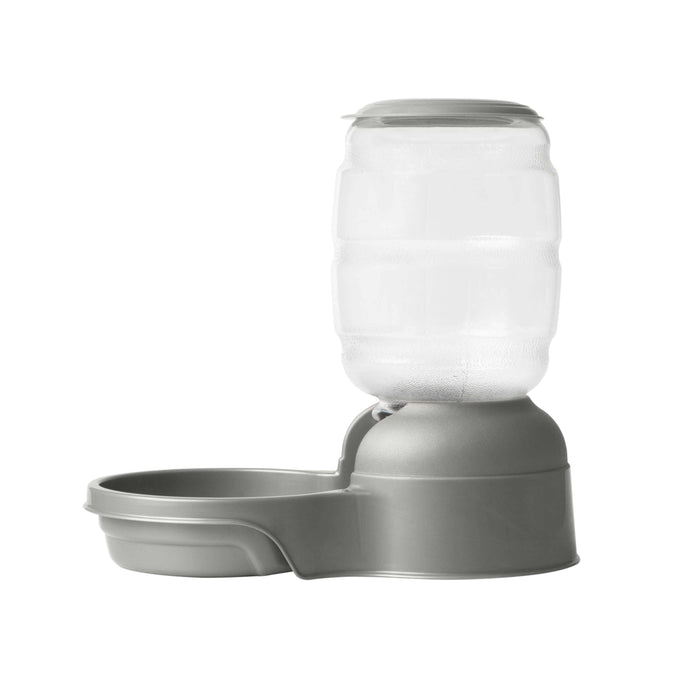 The Petmate Replendish Pet Feeder With Microban by Petmate is a gray automatic feeder with a large transparent reservoir and an antimicrobial-protected bowl, shown isolated on a white background.