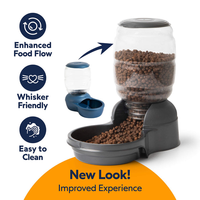 The Petmate Replendish Pet Feeder With Microban features a clear dry food container, gray base, enhanced food flow, whisker-friendly design, and easy cleaning with antimicrobial protection. Petmate branding. Text: New Look! Improved Experience.